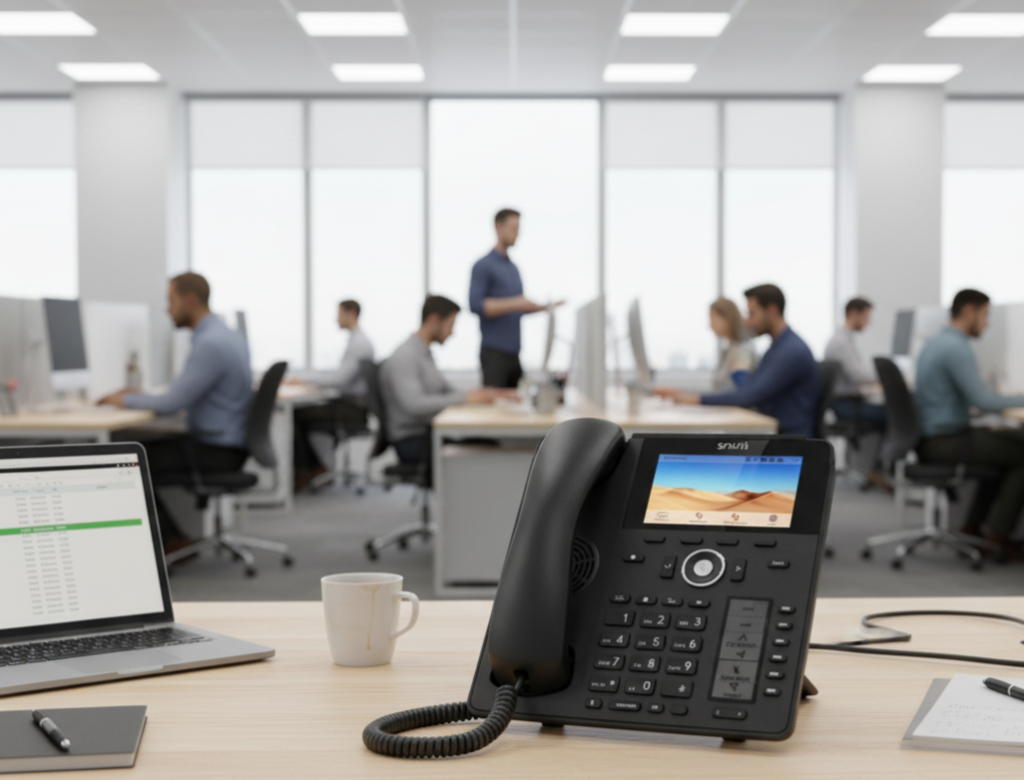 VoIP phone on a desk in a busy office