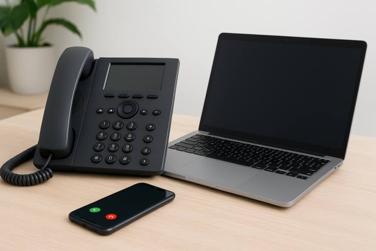 A modern workspace with a light wood desk featuring a sleek VoIP desk phone, an open laptop, and a smartphone showing an incoming call screen. A green plant is visible in the background, creating a clean and professional atmosphere.