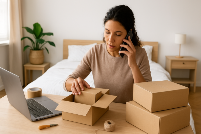 A modern workspace with a light wood desk featuring a sleek VoIP desk phone, an open laptop, and a smartphone showing an incoming call screen. A green plant is visible in the background, creating a clean and professional atmosphere.