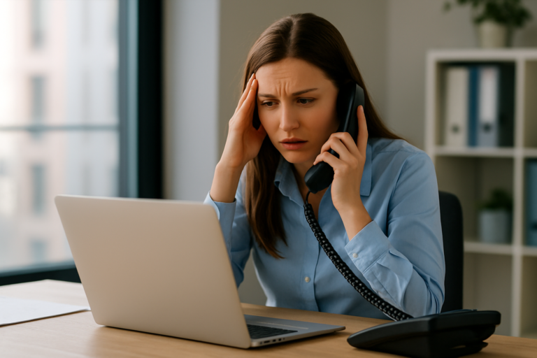 A young woman sits at a tidy office desk holding a landline phone while looking at her open laptop with a worried expression, natural light streaming in through large windows.