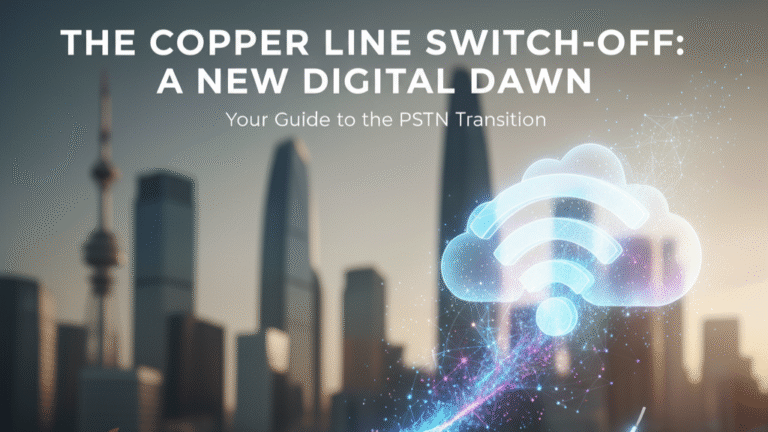 A visual representation of the PSTN copper line switch-off, showing old copper telephone wires and a vintage rotary phone alongside a modern smartphone and glowing fiber optic cables leading to a stylized cloud icon with a Wi-Fi symbol, all set against a blurry cityscape at dusk. The text 'THE COPPER LINE SWITCH-OFF: A NEW DIGITAL DAWN Your Guide to the PSTN Transition' is overlaid at the top.