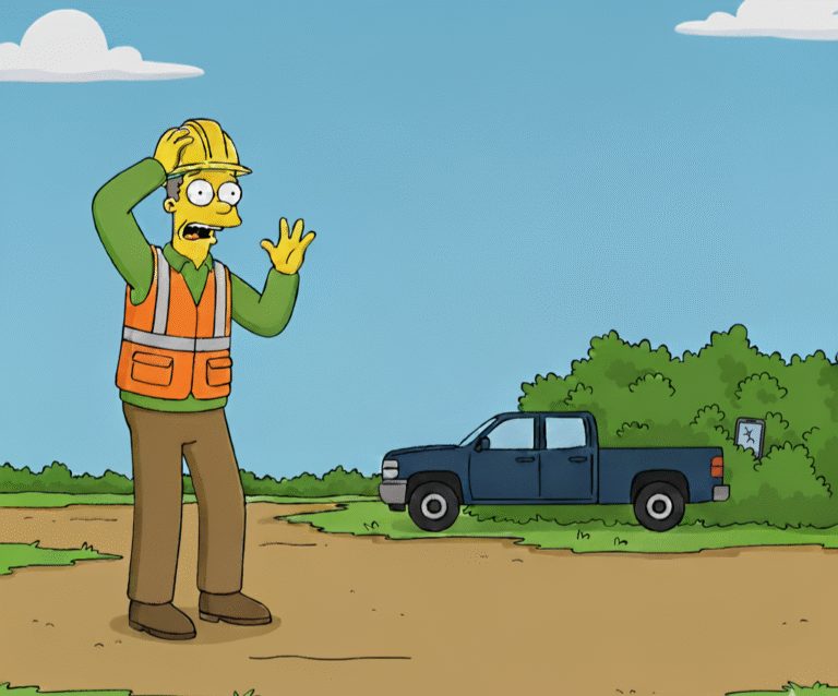 A panicked construction worker, wearing a yellow hard hat and an orange high-visibility vest over a green long-sleeve shirt, stands in the foreground with one hand on his head and the other raised. He is on a flat outdoor worksite with a mix of grass and dirt. In the mid-background, to the right, a dark blue pickup truck is parked next to a bush. Barely visible, a small, black mobile phone is lying in the bush near the back of the truck, suggesting the worker is looking for his lost phone. The sky is clear blue with a few small clouds.