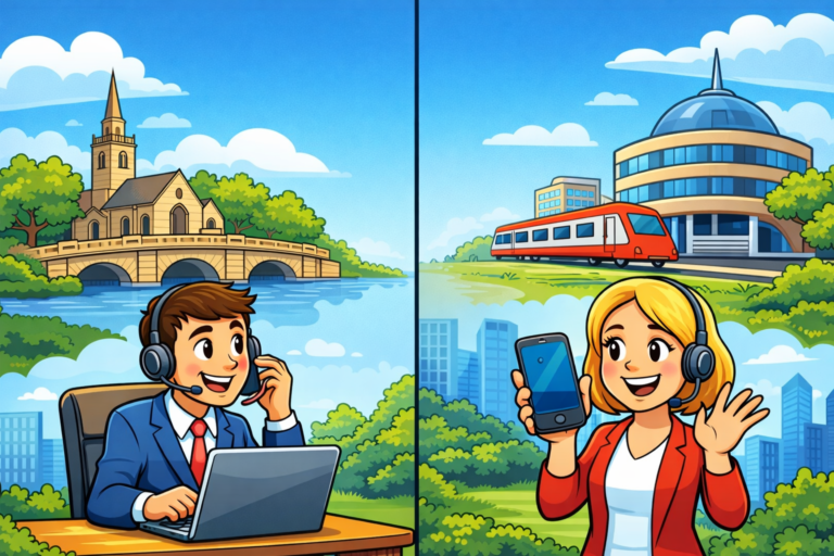 Cartoon illustration of two business professionals using headsets in Bedford and Milton Keynes, showing virtual landline calls connecting local businesses in different towns
