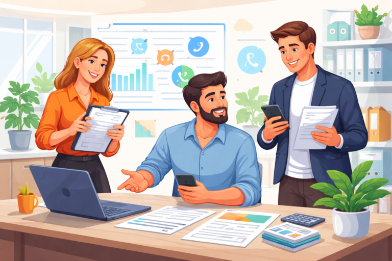 Modern cartoon-style illustration of small business professionals reviewing phone and mobile contracts together in an office environment, representing consolidation, efficiency, and better business communications.