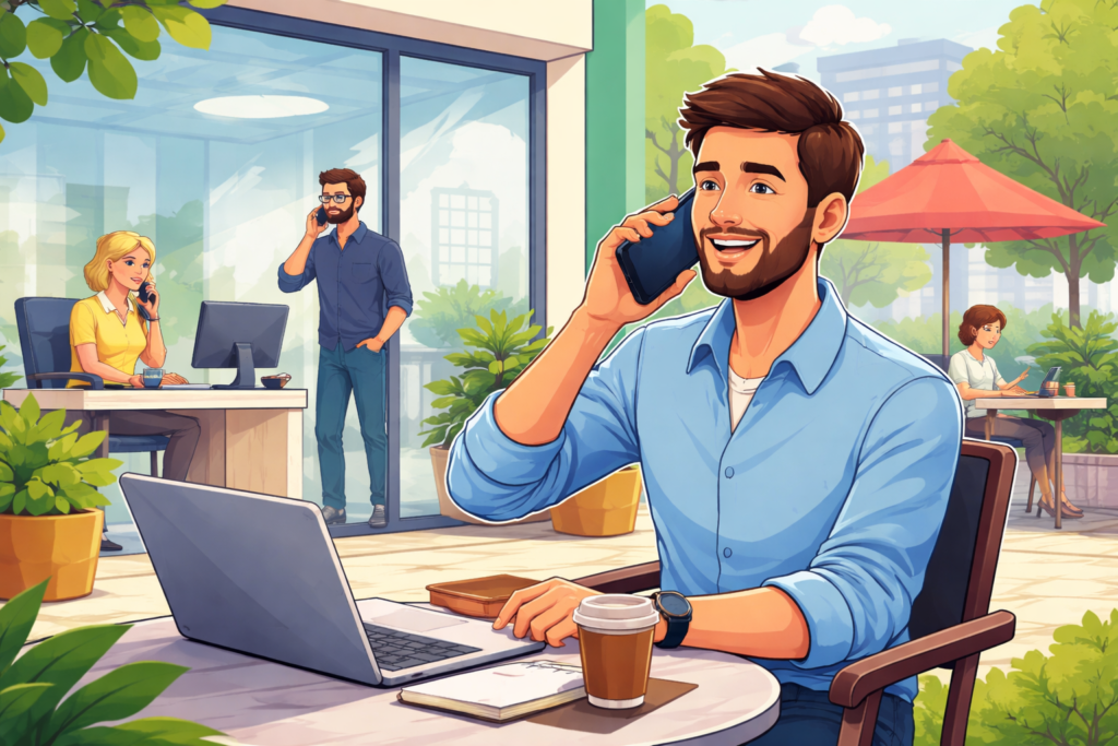 Modern cartoon style illustration showing a small business owner using a smartphone and laptop at an outdoor workspace, with colleagues in an office behind him also taking calls, representing flexible cloud telephony and virtual business phone lines.