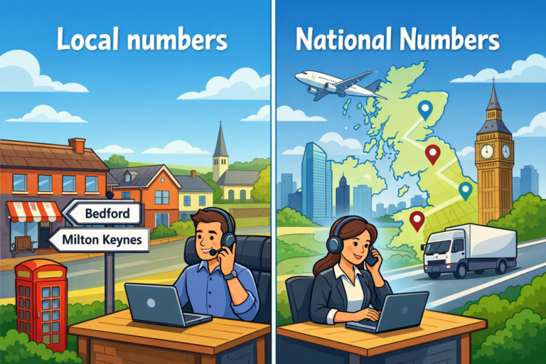 Cartoon split screen illustration comparing local numbers and national numbers, with a local town scene on one side and a UK wide business landscape on the other.