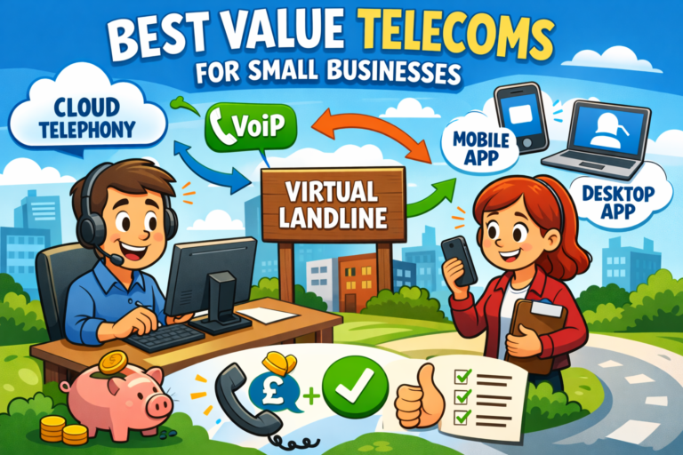 Cartoon-style illustration showing the concept of best value telecoms for small businesses. A man at a desk with a headset uses a computer, while a woman holds a smartphone and clipboard. Arrows connect a virtual landline sign to icons for VoIP, cloud telephony, mobile app, and desktop app. A piggy bank and money symbols emphasize cost savings and value.
