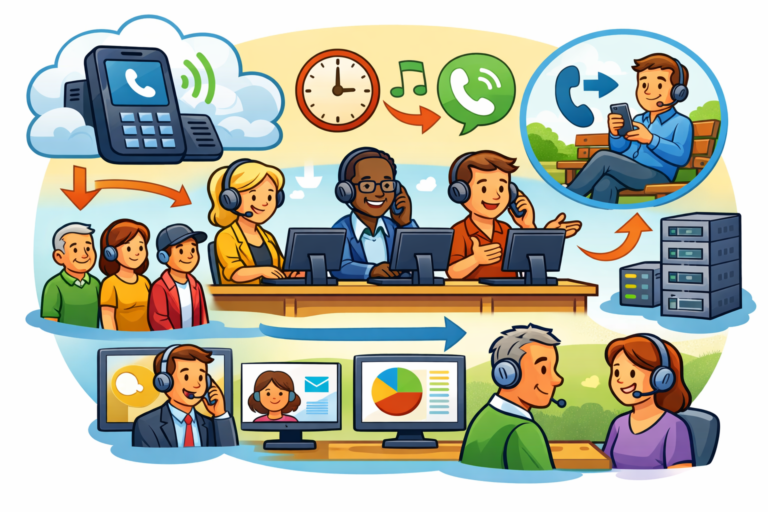 Cartoon illustration showing a business call queue with multiple callers waiting while agents answer calls using a cloud based VoIP phone system.